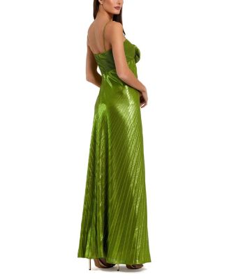 Thin Strap Pleated Metallic Gown with 3D Flower