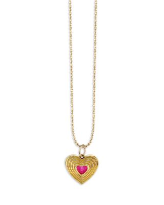 14K Yellow Gold Ruby Fluted Heart Pendant Necklace, 18"