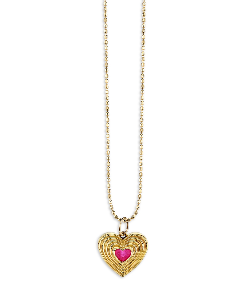 Sydney Evan 14K Yellow Gold Ruby Fluted Heart Pendant Necklace, 18