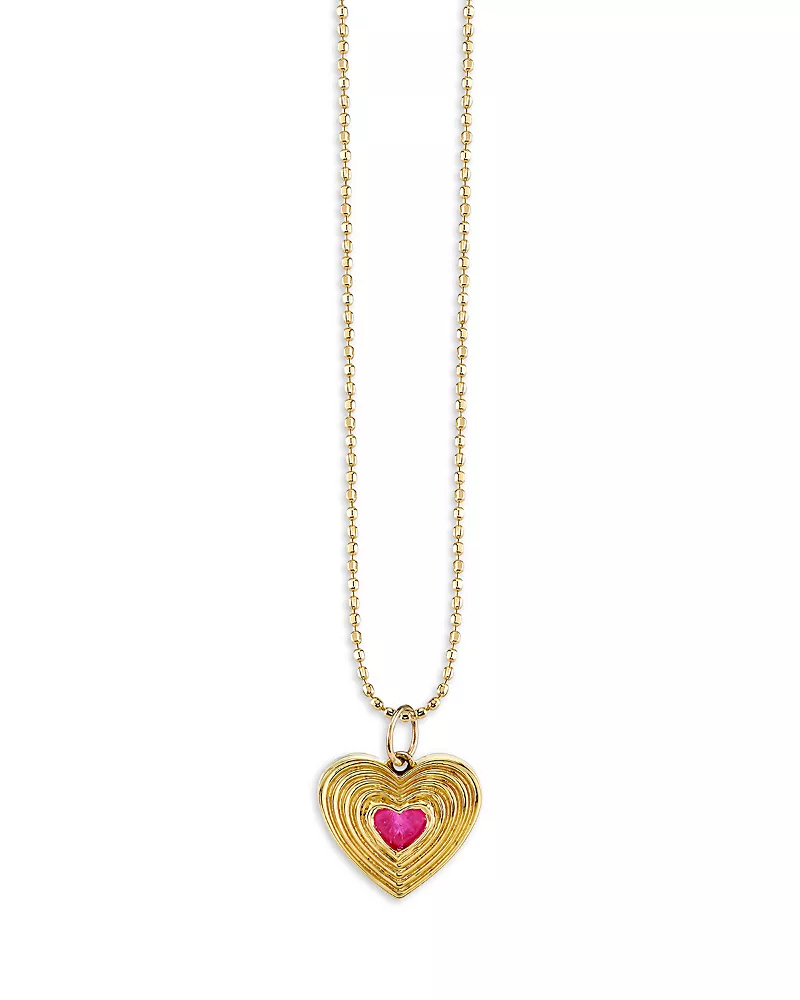 Sydney Evan 14K Yellow Gold Ruby Fluted Heart Pendant Necklace, 18