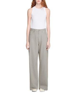 Rhinestone Embellished Wide Leg Jeans in Sand