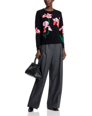 Long Sleeved Flower Jacquard Crewneck Pullover Sweater