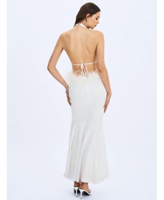  Solene Pleated Halter Backless Feather-Trim Maxi Dress