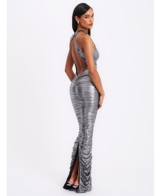  Abril Ruched Glitter Backless Gown