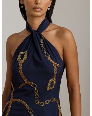 Belting Motif Sequined Crepe Halter Gown