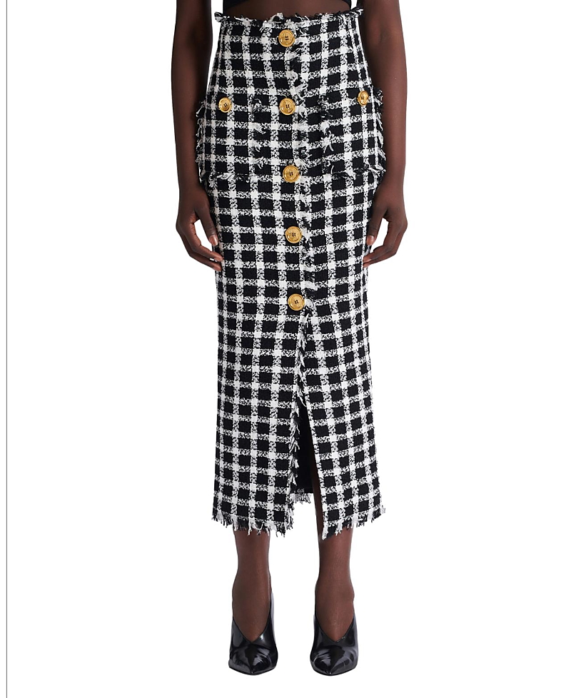 Balmain Long Gingham Tweed Skirt