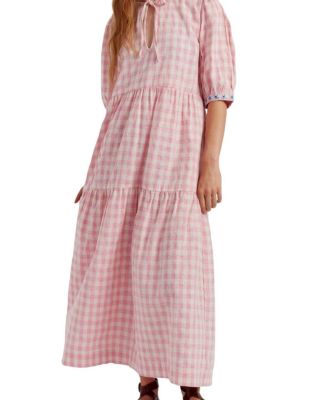  Women's Linen-Blend Gingham Daisy Day Dress