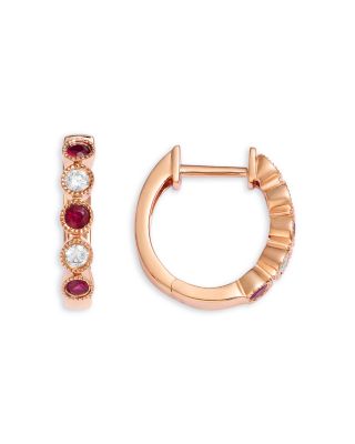 Ruby & Diamond Huggie Hoop Earrings in 14K Rose Gold