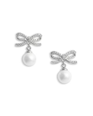 Crystal Bow & Imitation Pearl Drop Earrings