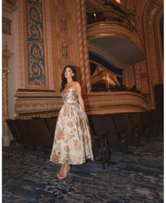 Strapless Brocade Pockets Detail Midi Dress