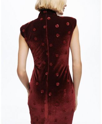 Mandarin-Collar Velvet Midi Dress