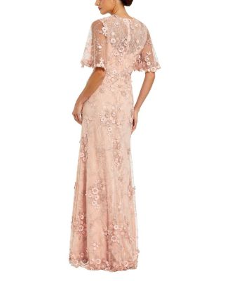 Petite Flutter Sleeve Floral Embroidered Net Gown