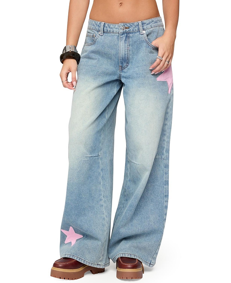 Edikted Trish Satin Effect Stars Low Rise Light Rinse Wash Jeans