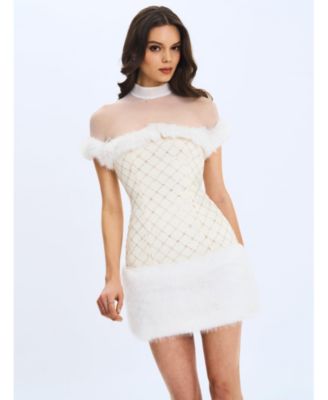  Taylor Faux Fur Trimmed Beaded Boucle Mini Dress