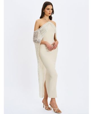  Quimera Beaded Cape Halter Off-Shoulder Maxi Gown