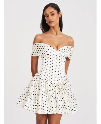  Edeline Polka Dot Off-shoulder Pleated Mini Dress