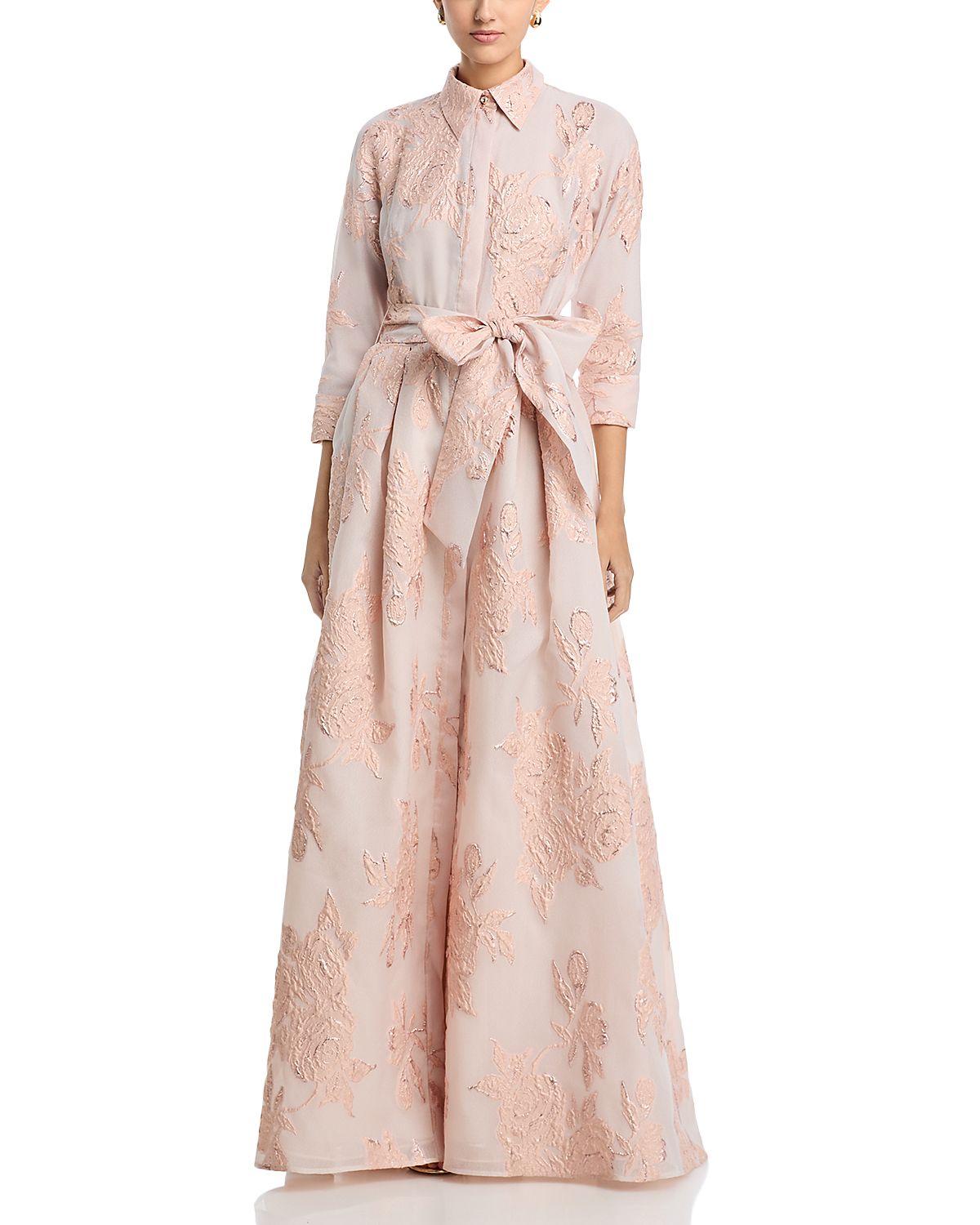Teri Jon by Rickie Freeman Metallic Jacquard Shirt Dress Gown