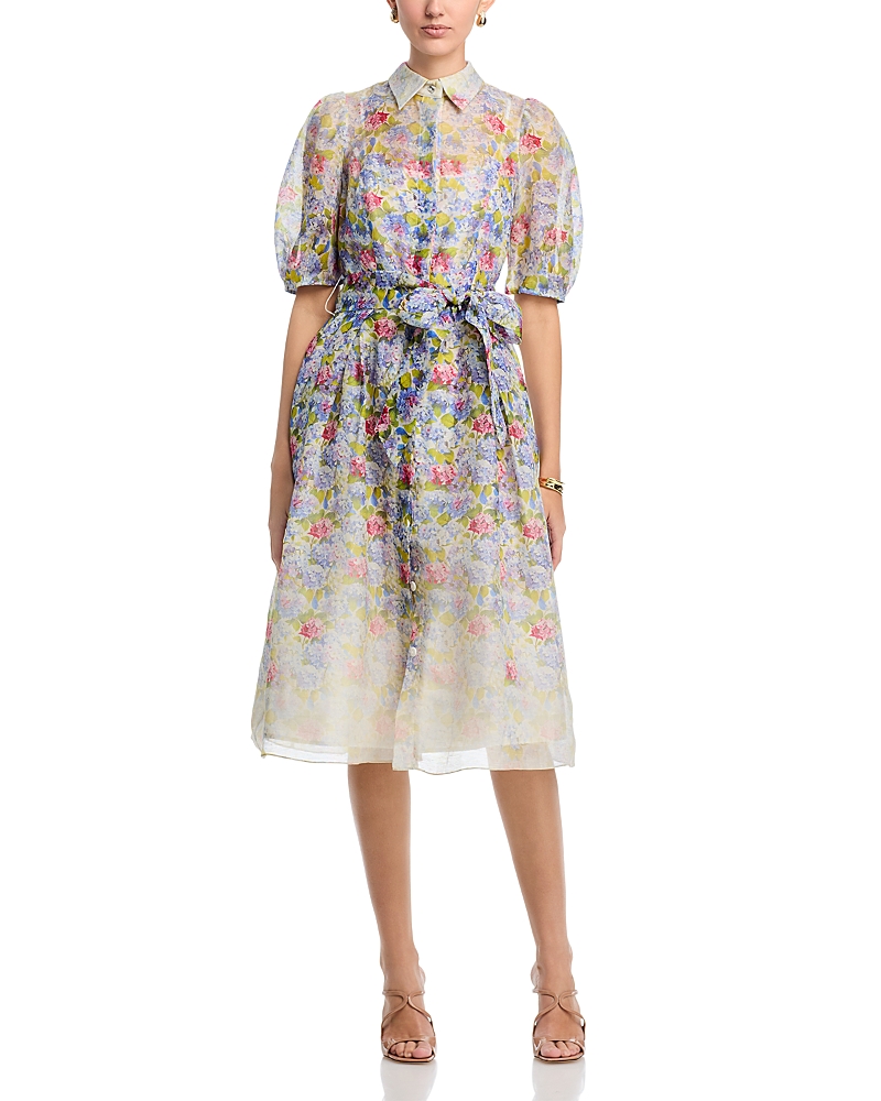 Teri Jon by Rickie Freeman Silk Linen Printed Puff Sleeve Dress