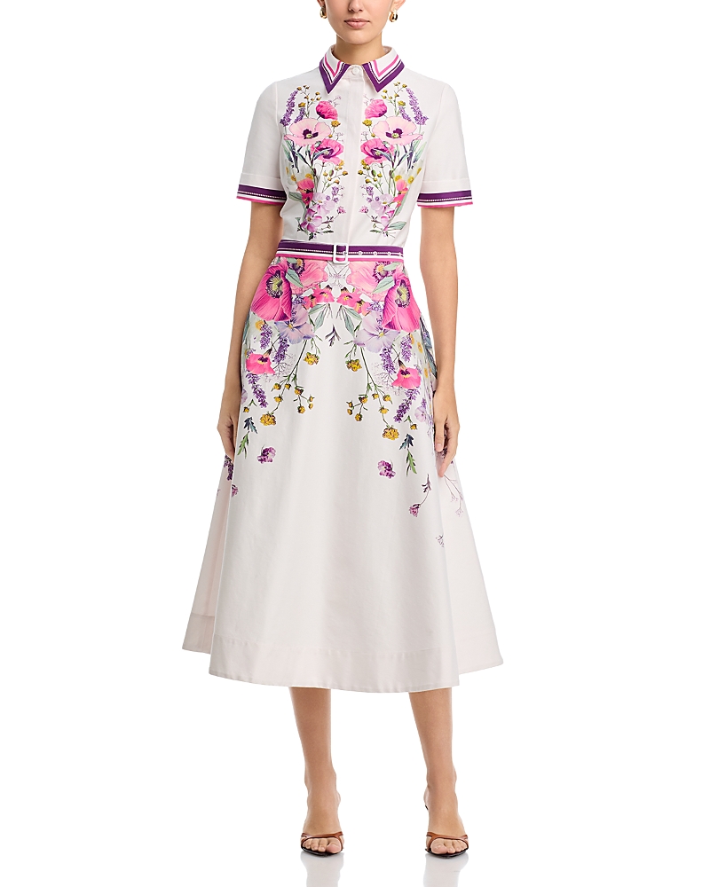 Teri Jon by Rickie Freeman Cotton Shirtwaist Floral Print Stripe Trim Dress