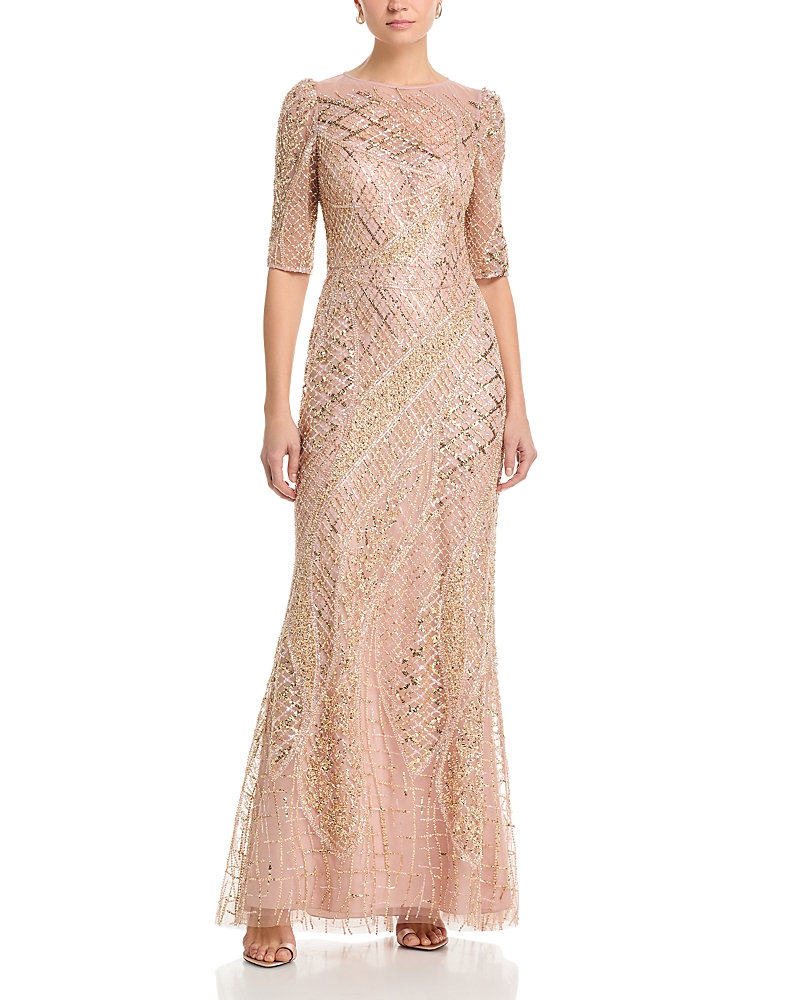 Teri Jon by Rickie Freeman Art Deco Beaded Tulle Elbow Sleeve Gown