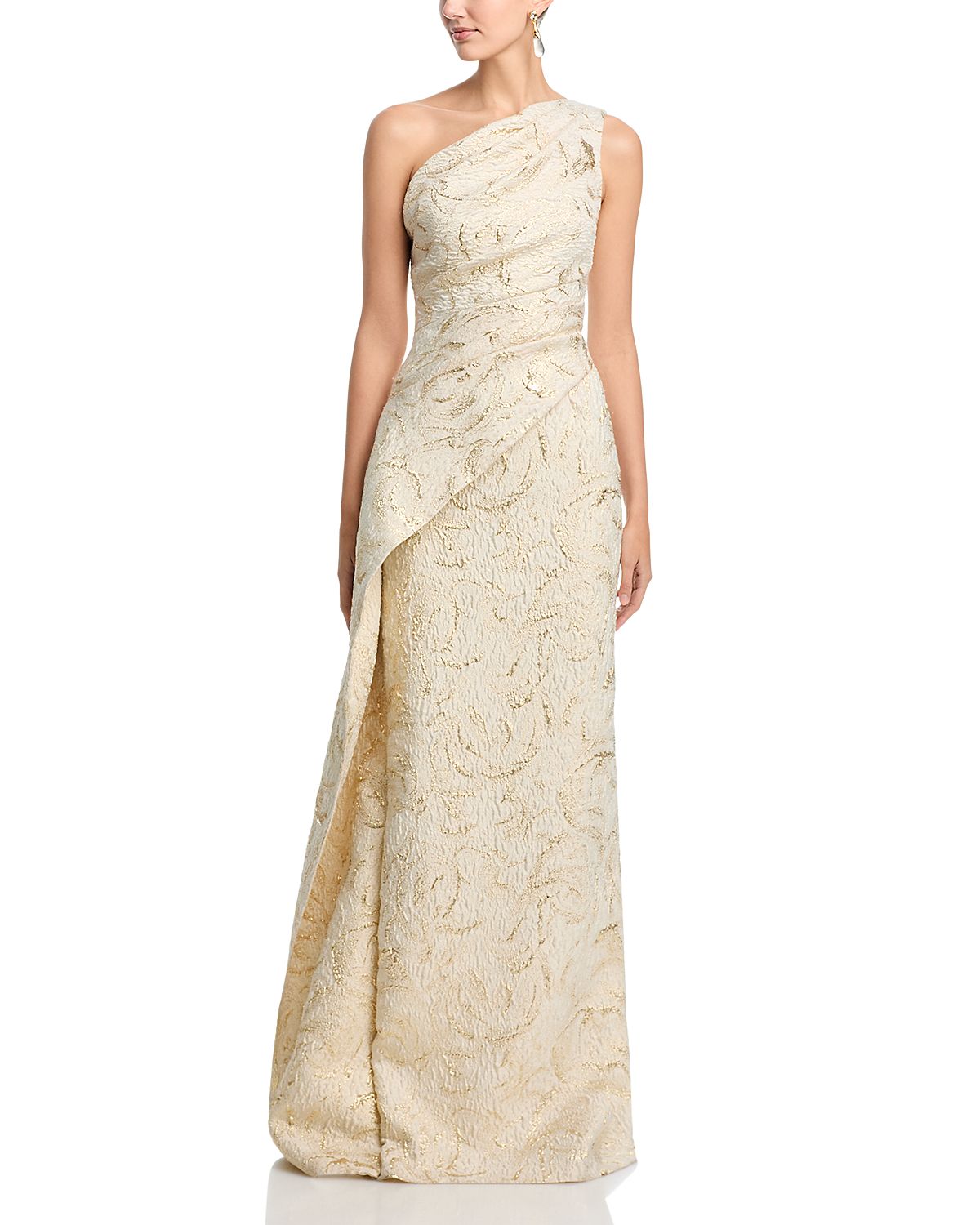 Teri Jon by Rickie Freeman Metallic Jacquard One Shoulder Gown
