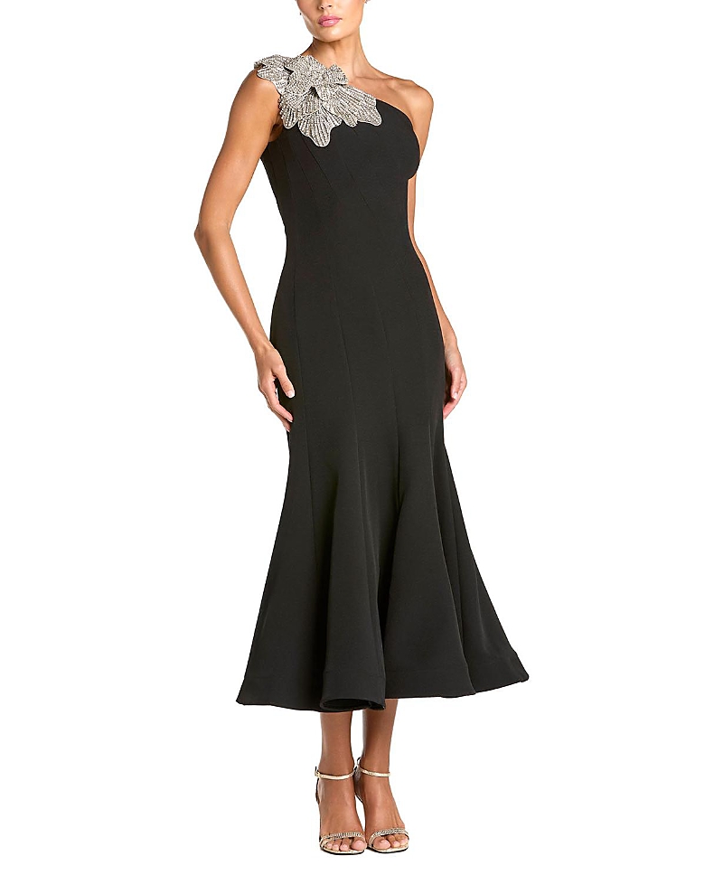 Mac Duggal Petite Crepe One Shoulder Mermaid Midi Dress with Flower