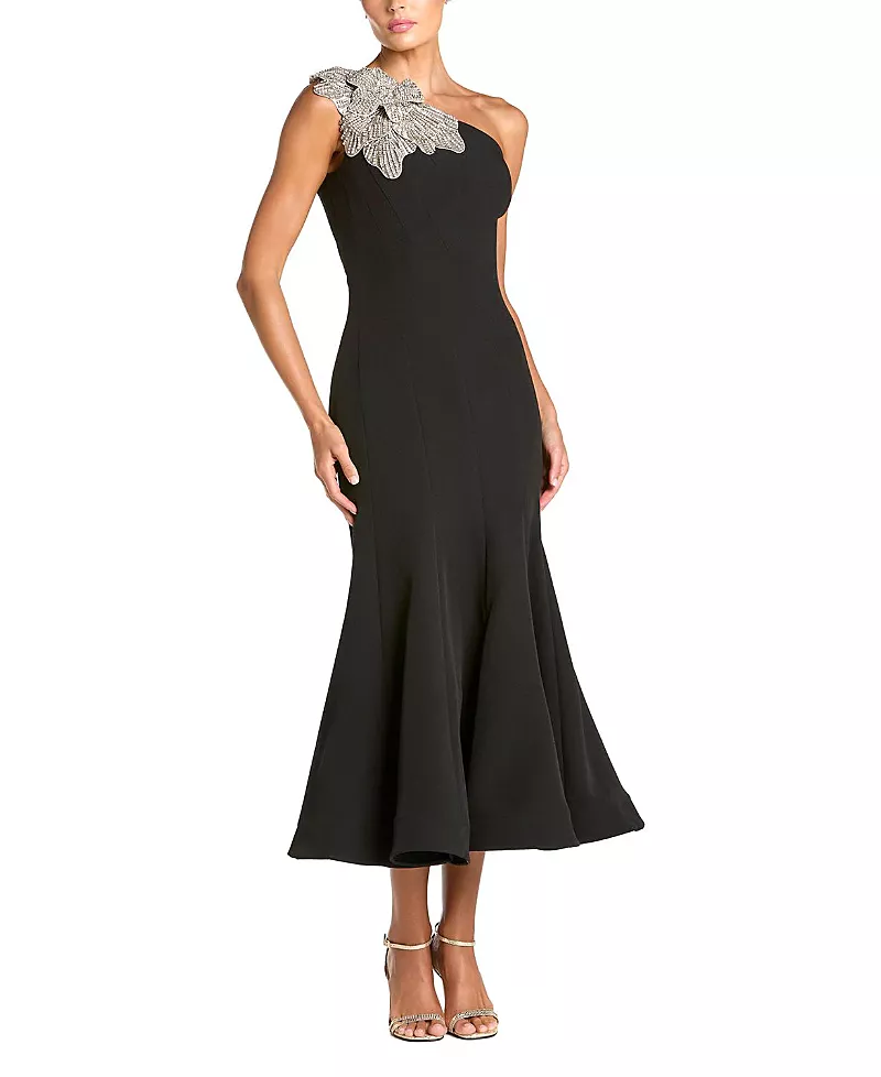 Mac Duggal Petite Crepe One Shoulder Mermaid Midi Dress with Flower