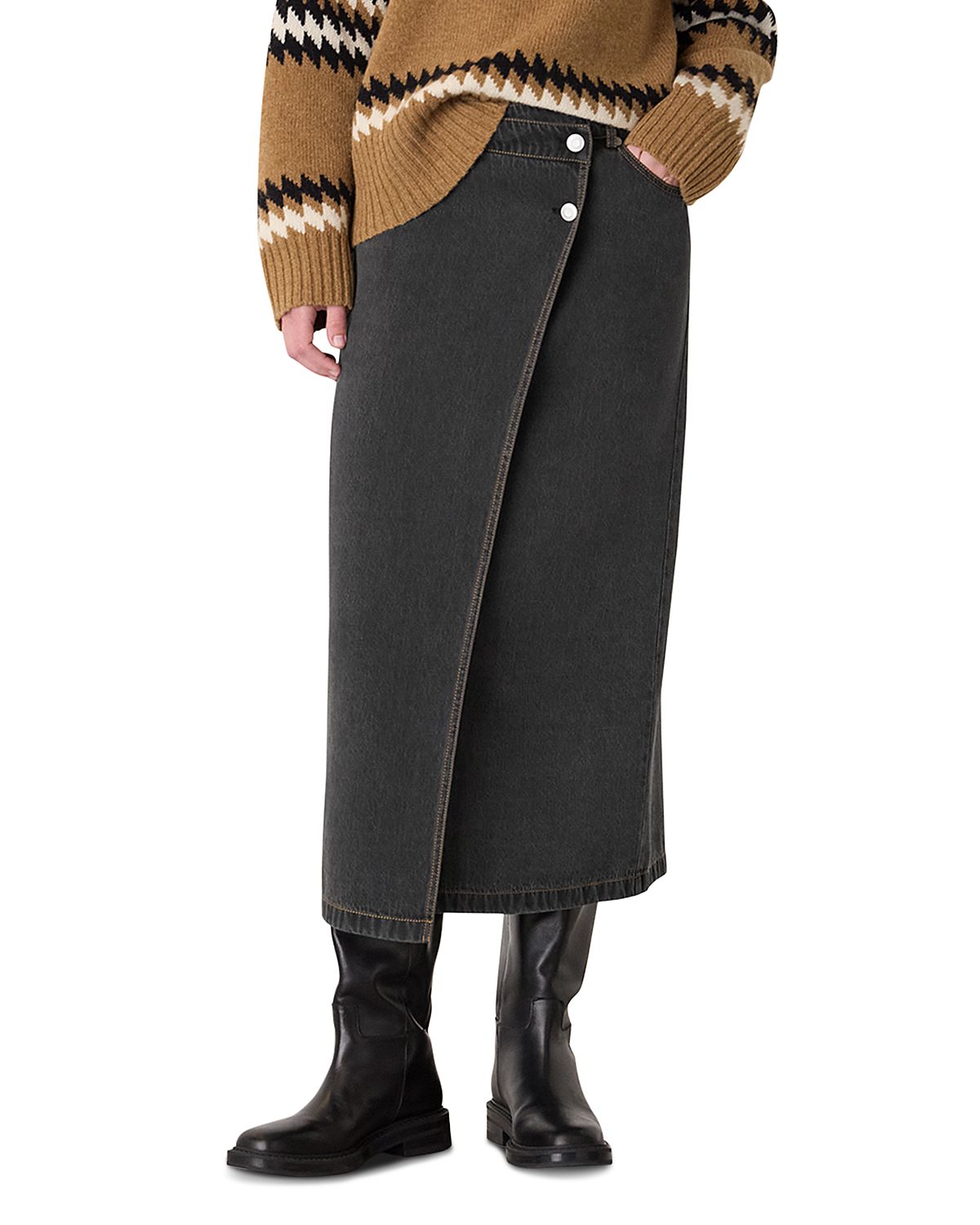 Whistles Denim Button Wrap Midi Skirt