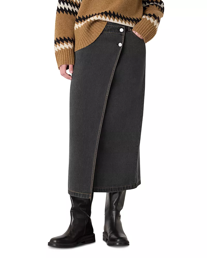 Whistles Denim Button Wrap Midi Skirt