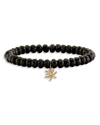 14K Yellow Gold Burst Diamond & Black Spinel Flower Charm Bracelet