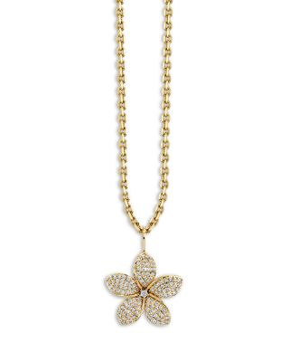 14K Yellow Gold Floral Diamond Plumeria Pendant Necklace, 18"