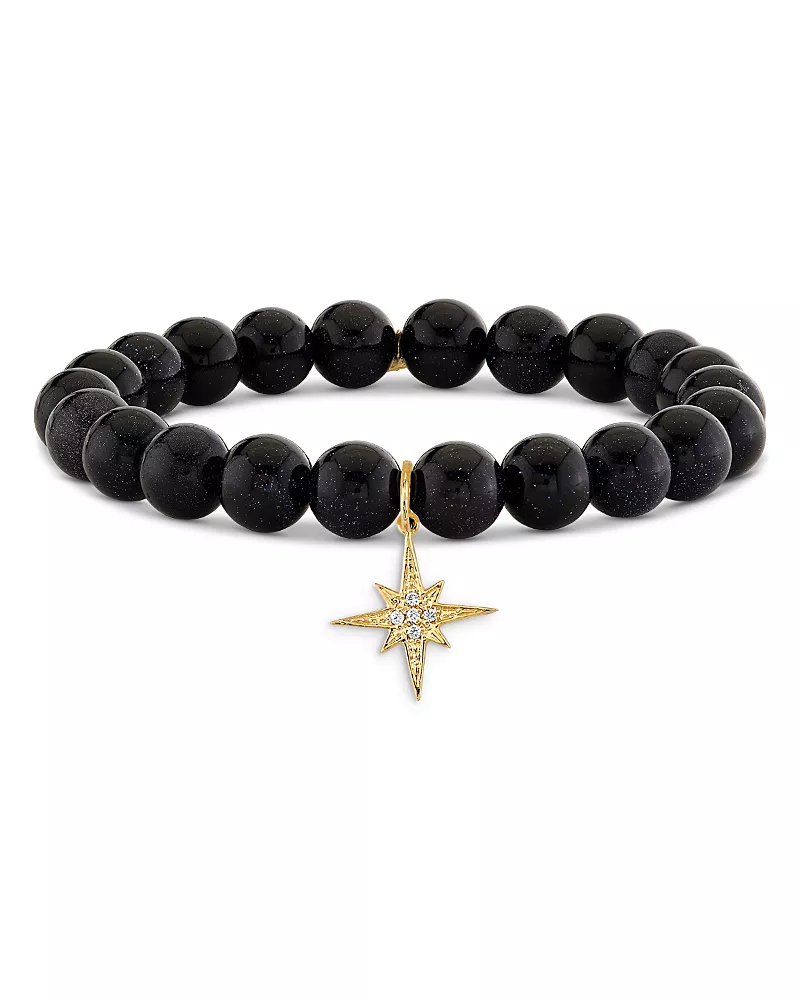 Sydney Evan 14K Yellow Gold Celestial Diamond & Blue Goldstone Beaded Starburst Charm Bracelet