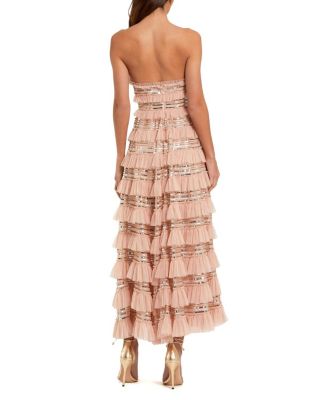  Strapless Sequin Micro Ruffle Maxi Dress