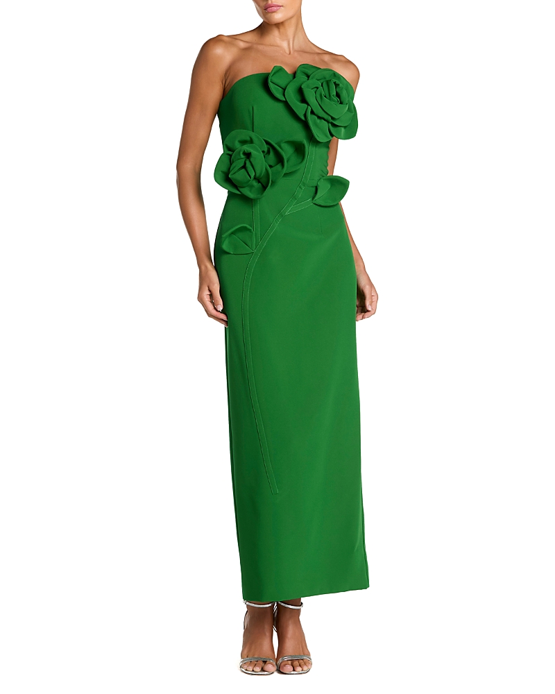 Mac Duggal Crepe Strapless Midi Dress with 3D Flower Detail