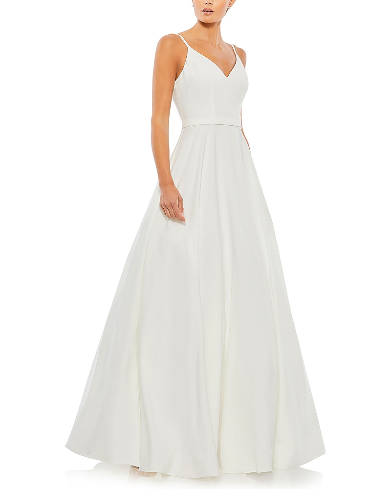 Mac Duggal Petite V-Neck Ball Gown with Belted A-Line Skirt