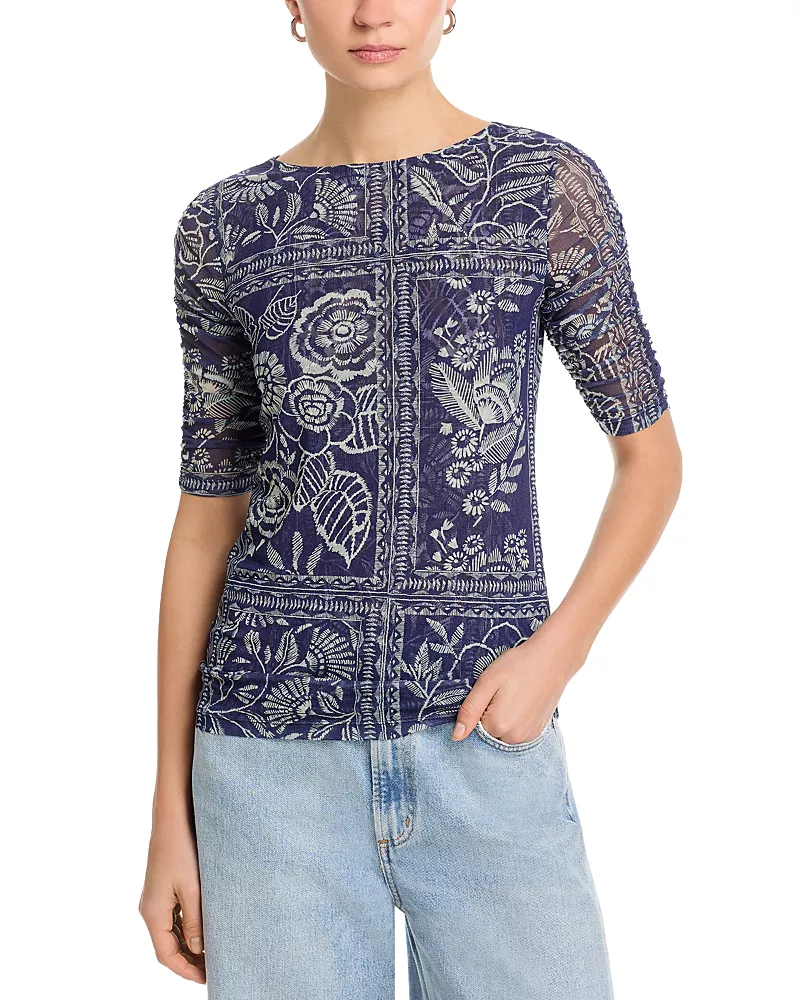 Johnny Was Ruched Sleeve Mesh Top