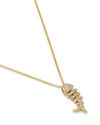 Diamond Fishbone Pendant Necklace in 14K Yellow Gold, 0.18 tcw