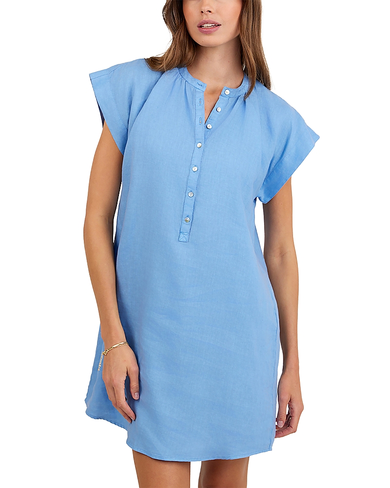 Bella Dahl Linen Cap Sleeve Henley Mini Dress In Blue