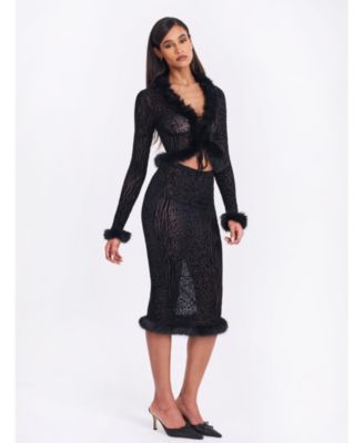 Halia Burnout Velvet Stretch Mesh Faux Fur Trim Skirt