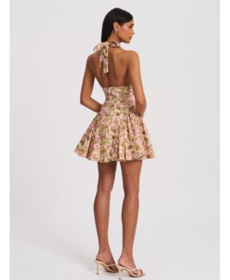 Mackenzie Floral Print Halter Linen Cotton Mini Dress