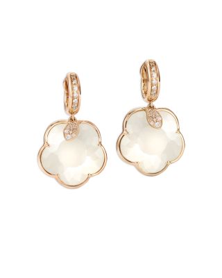 18K Rose Gold Ton Joli Pearl of the Moon Gem & White and Champagne Diamonds Flower Drop Earrings
