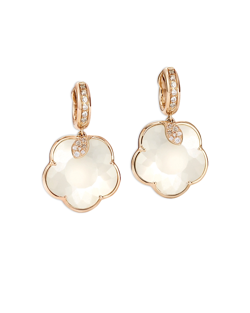 Pasquale Bruni 18K Rose Gold Ton Joli Pearl of the Moon Gem & White and Champagne Diamonds Flower Drop Earrings