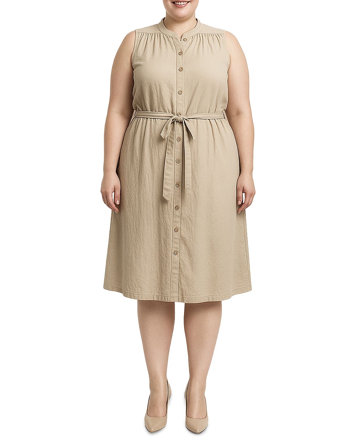 standards & practices Plus Button Front Self Tie Sleeveless Midi Dress