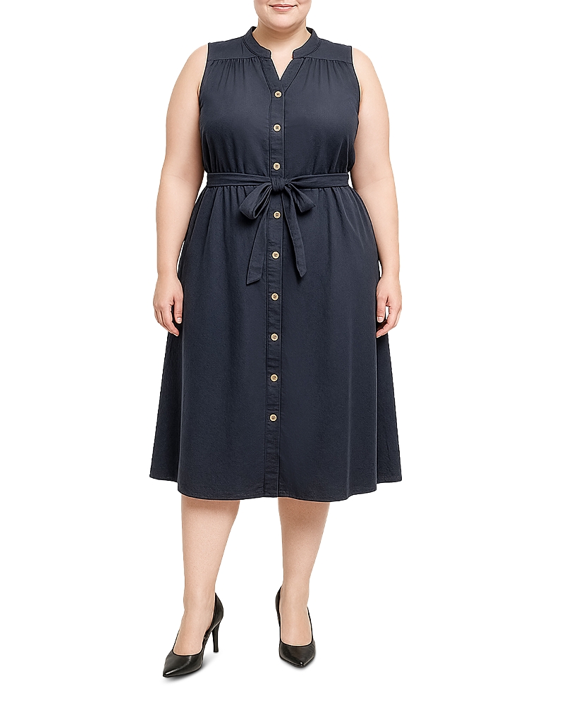 Standards & Practices Plus Button Front Self Tie Sleeveless Midi Dress