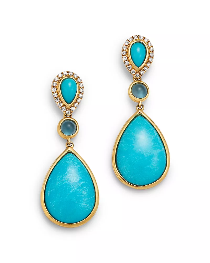 Bloomingdale's Fine Collection Turquoise, Swiss Blue Topaz, & Diamond Pear Halo Drop Earrings in 14K Yellow Gold