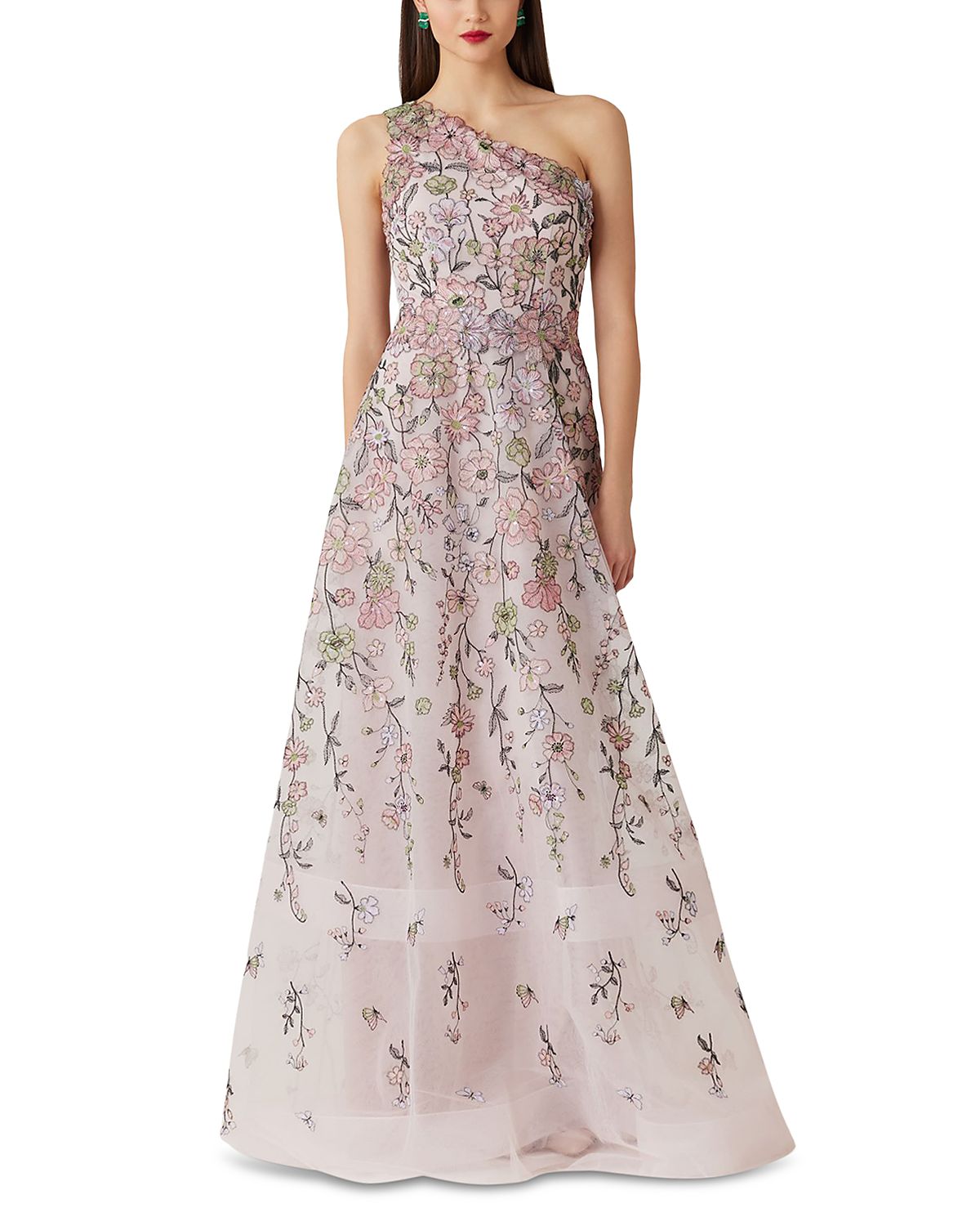 Teri Jon by Rickie Freeman Floral Embroidered One Shoulder Gown