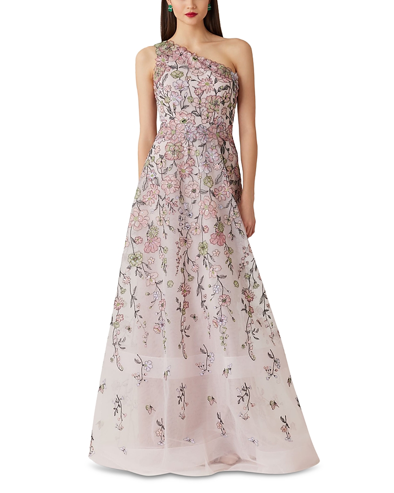 Teri Jon by Rickie Freeman Floral Embroidered One Shoulder Gown
