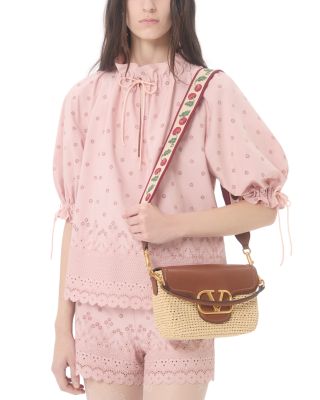 VLogo Leather & Crochet Raffia Shoulder Bag
