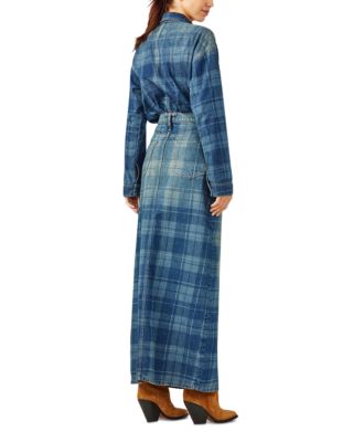 Charlotte Oversized Denim Shirt in Tartan Medium Indigo