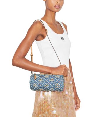 T Monogram Embellished Denim Cylinder Bag